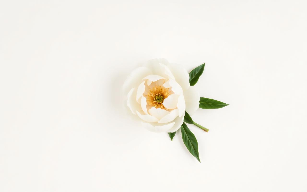 A single soft white peony on a cream background